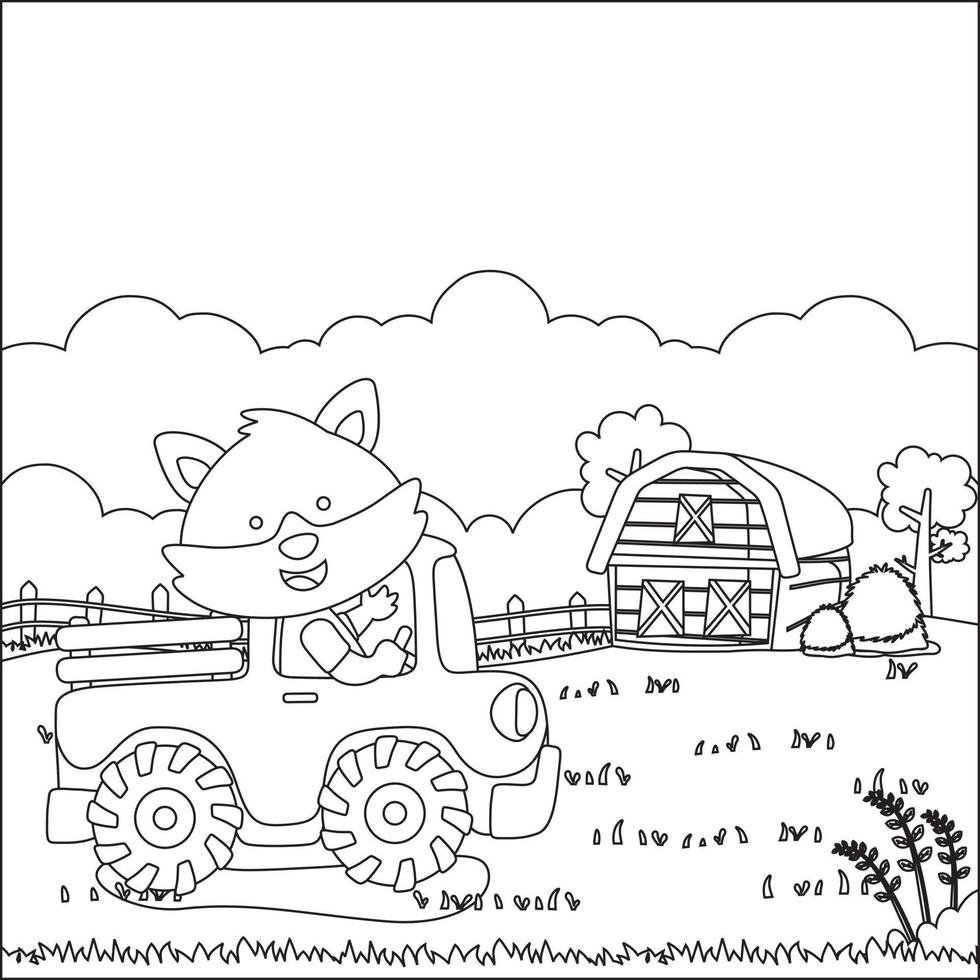 Vector cartoon of funny animal driving car in the junggle. Cartoon isolated vector illustration, Creative vector Childish design for kids activity colouring book or page.