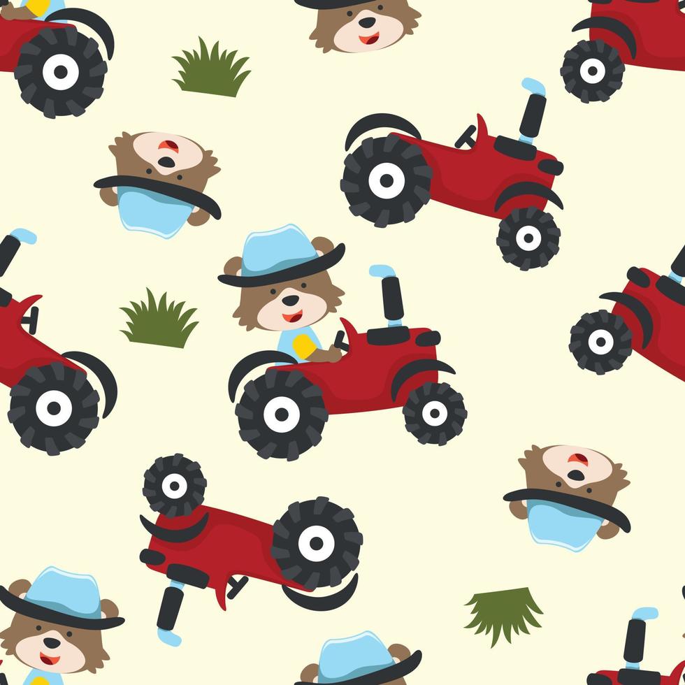 Seamless pattern of happy smiling animal in the field, Can be used for t-shirt print, kids wear fashion design, invitation card. fabric, textile, nursery wallpaper and poster. vector