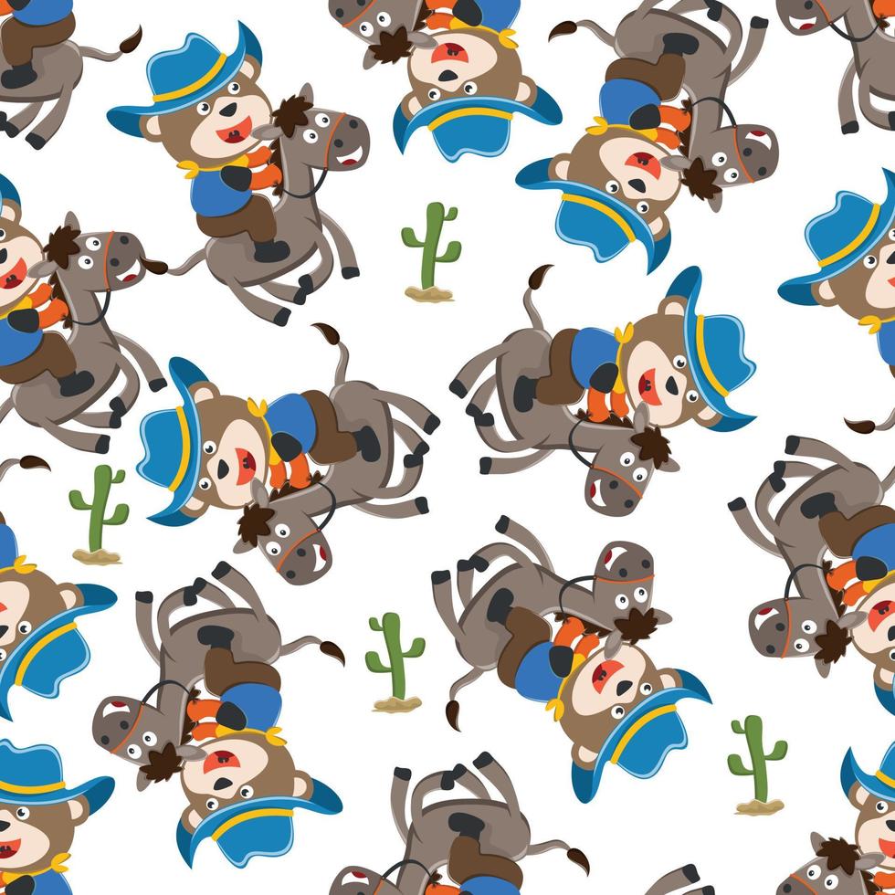 Seamless pattern of Happy horse cartoon in the farm with barn and green field. funny animal cartoon. Creative vector childish background for fabric textile, nursery wallpaper, and other decoration.