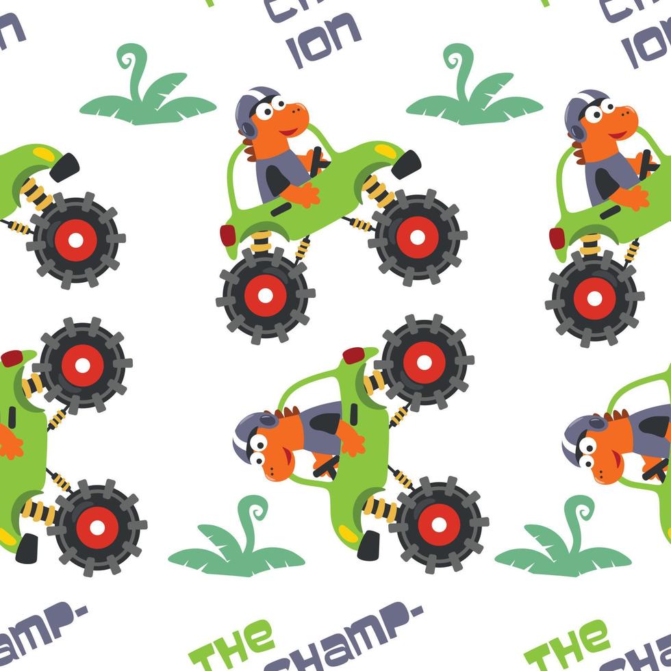 Seamless pattern of dinosaurs riding monster truck with cartoon style. Creative vector childish background for fabric textile, nursery background, baby clothes, wrapping paper and other decoration