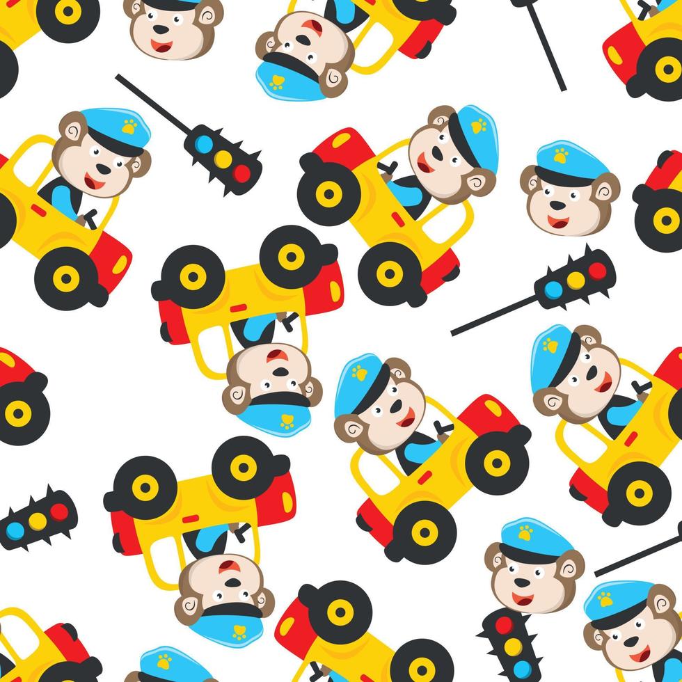 Seamless pattern of funny bear driving car in the road. Creative vector childish background for fabric, textile, nursery wallpaper, poster, card, brochure. and other decoration.