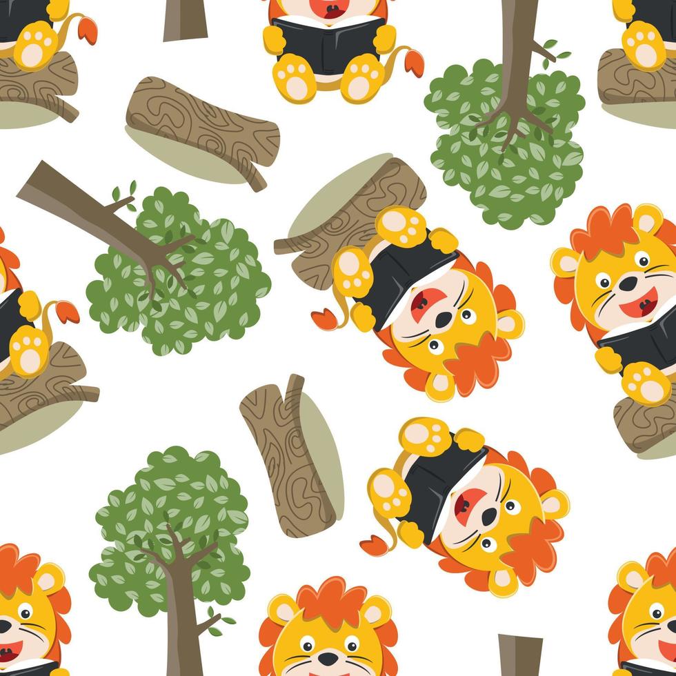 Seamless pattern of funny lion sit on tree trunk reading a book. funny animal cartoon. Creative vector childish background for fabric textile, nursery wallpaper, poster, brochure. and other decoration