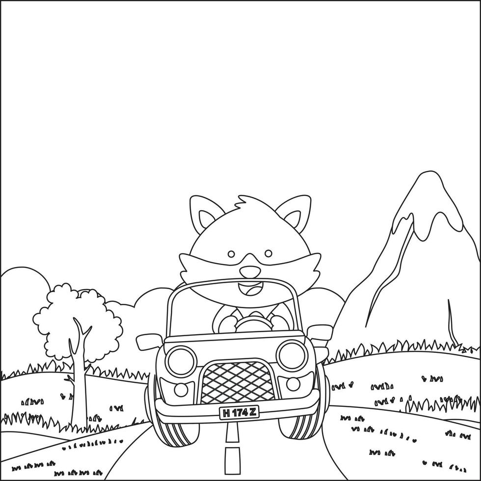 linda pequeño zorro dibujos animados teniendo divertido conducción apagado la carretera coche en soleado día. dibujos animados aislado vector ilustración, creativo vector infantil diseño para niños actividad colorante libro o página.