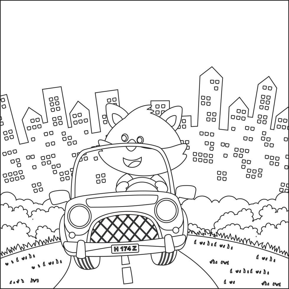 Cute little fox cartoon having fun driving off road car on sunny day. Cartoon isolated vector illustration, Creative vector Childish design for kids activity colouring book or page.