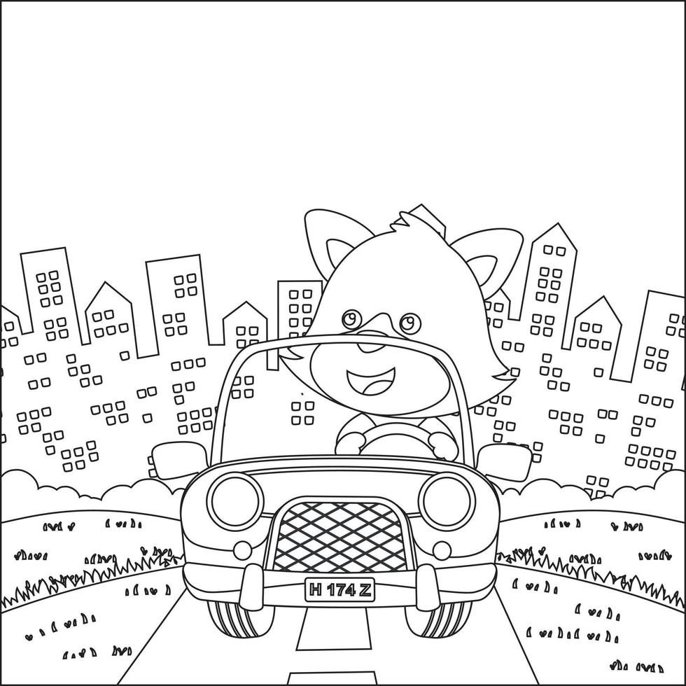 Cute little fox cartoon having fun driving off road car on sunny day. Cartoon isolated vector illustration, Creative vector Childish design for kids activity colouring book or page.