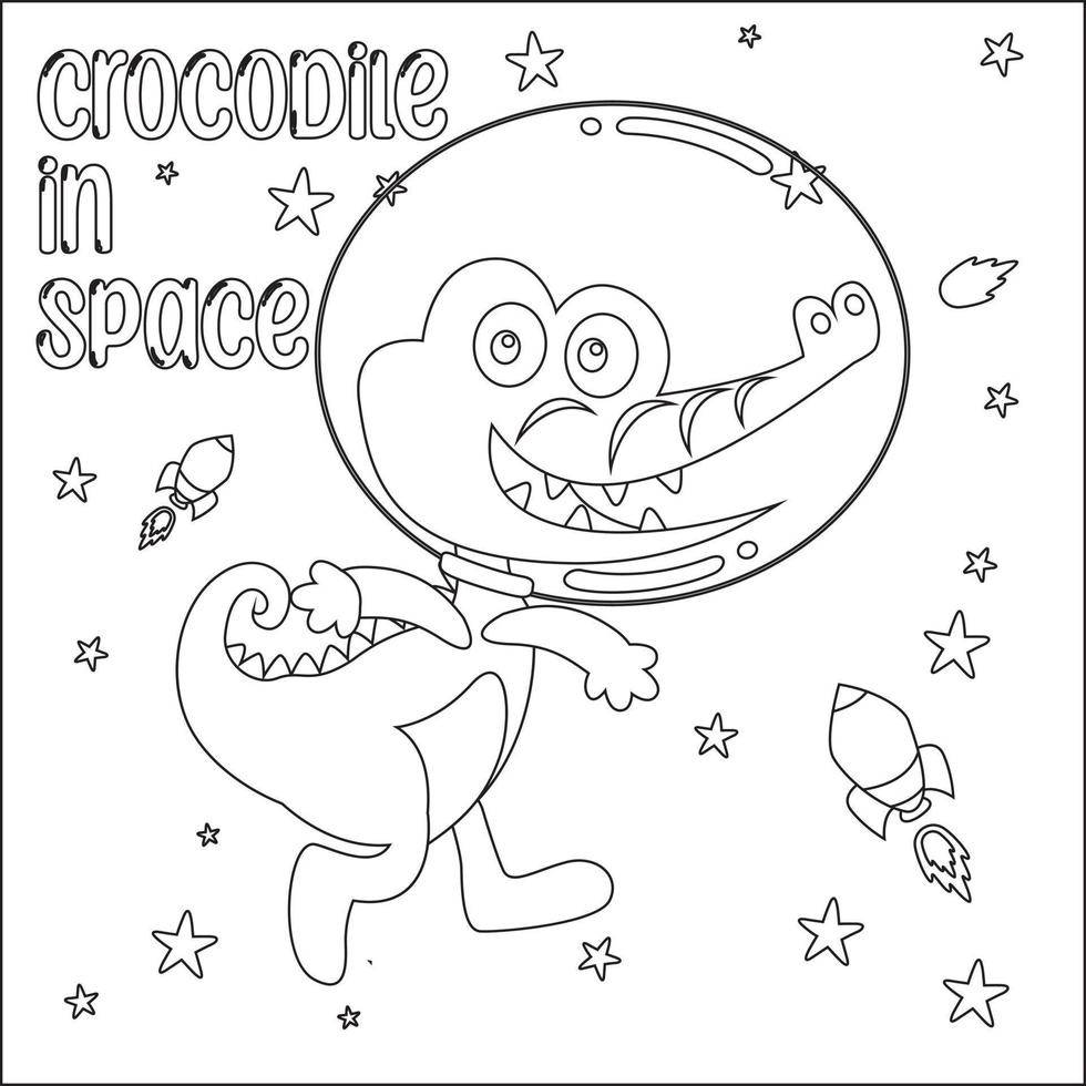 Vector illustration of cute crocodile Astronaut Floating In Space. Cartoon isolated vector illustration, Creative vector Childish design for kids activity colouring book or page.