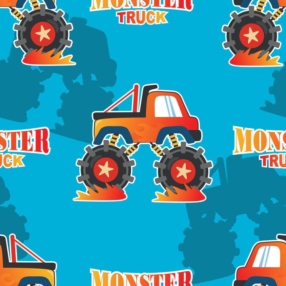 Seamless pattern vector of monster truck with cartoon style. For fabric textile, nursery, baby clothes, background, textile, wrapping paper and other decoration.