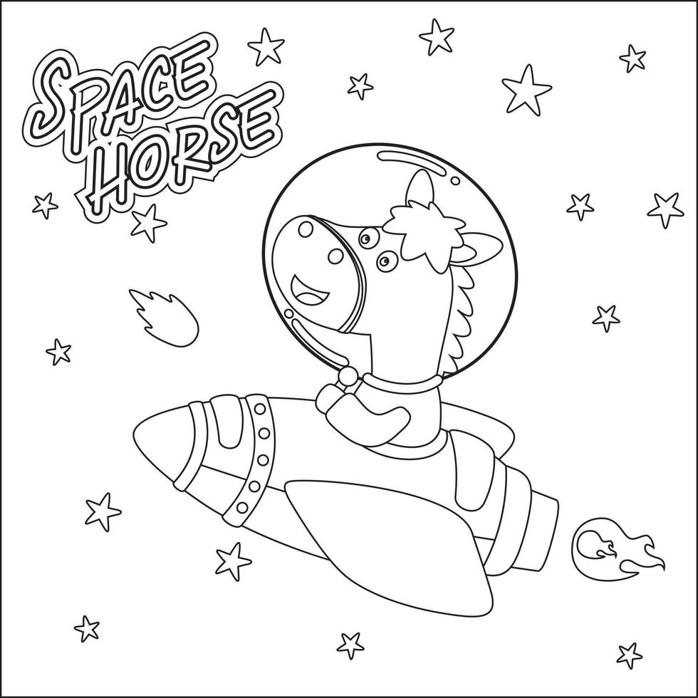 Vector illustration of Cute horse Astronaut Riding Rocket. Cartoon isolated vector illustration, Creative vector Childish design for kids activity colouring book or page.