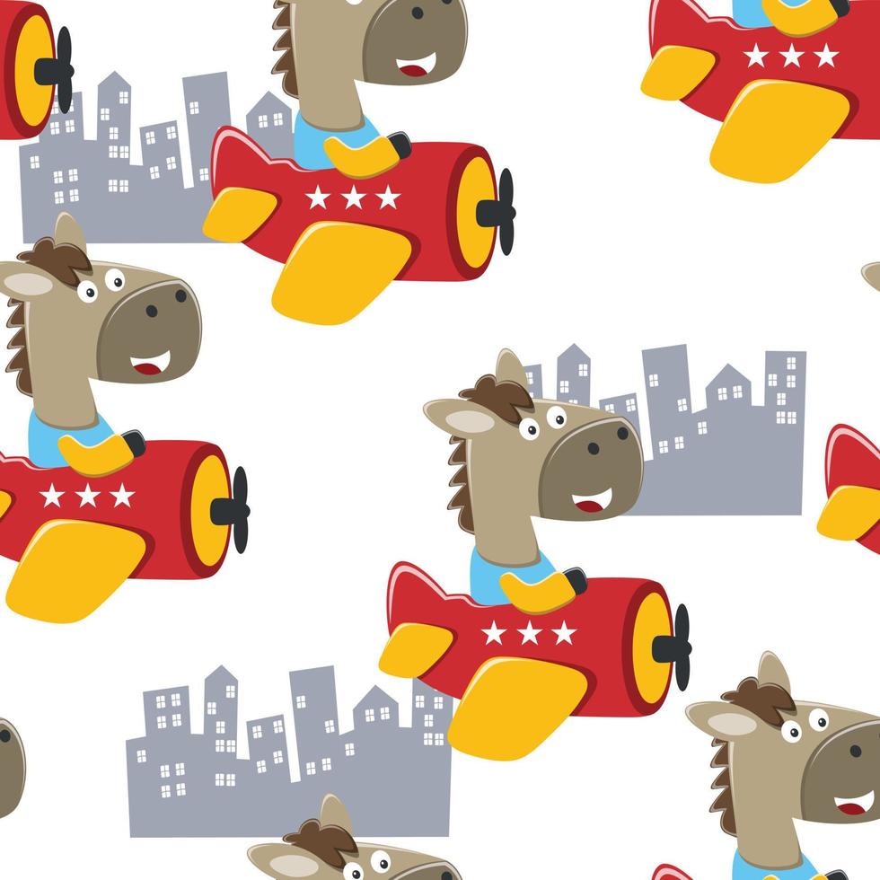 Seamless pattern of cute horse flying in an airplane, Creative vector childish background for fabric textile, nursery wallpaper, brochure. and other decoration.