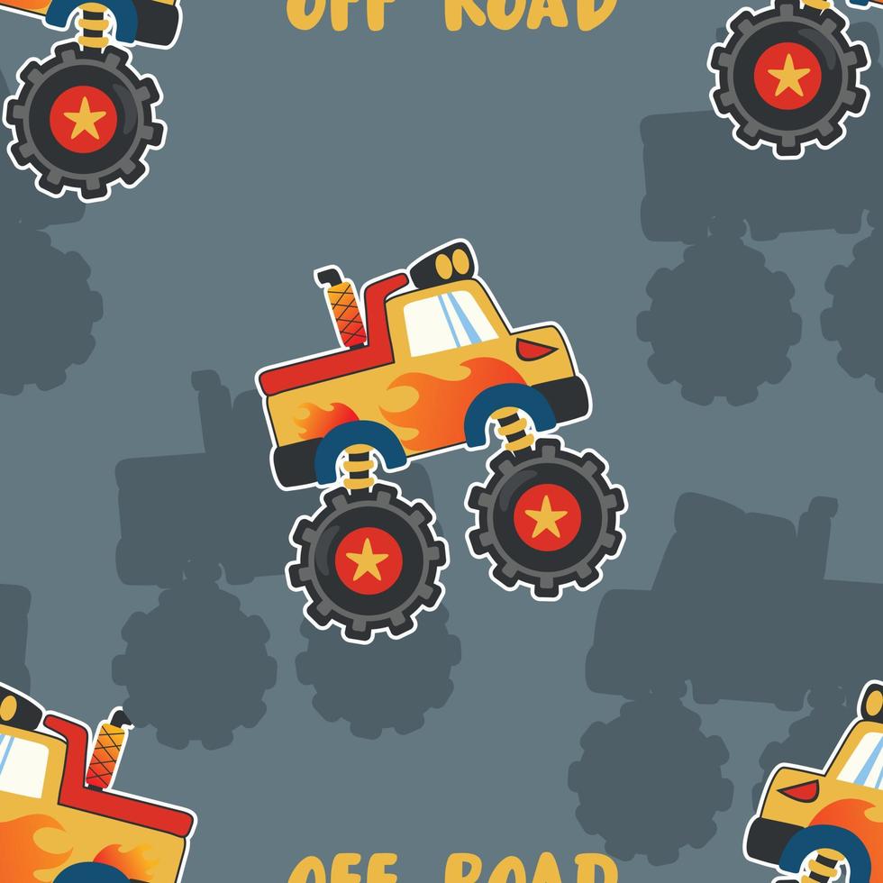 Seamless pattern vector of monster truck with cartoon style. For fabric textile, nursery, baby clothes, background, textile, wrapping paper and other decoration.