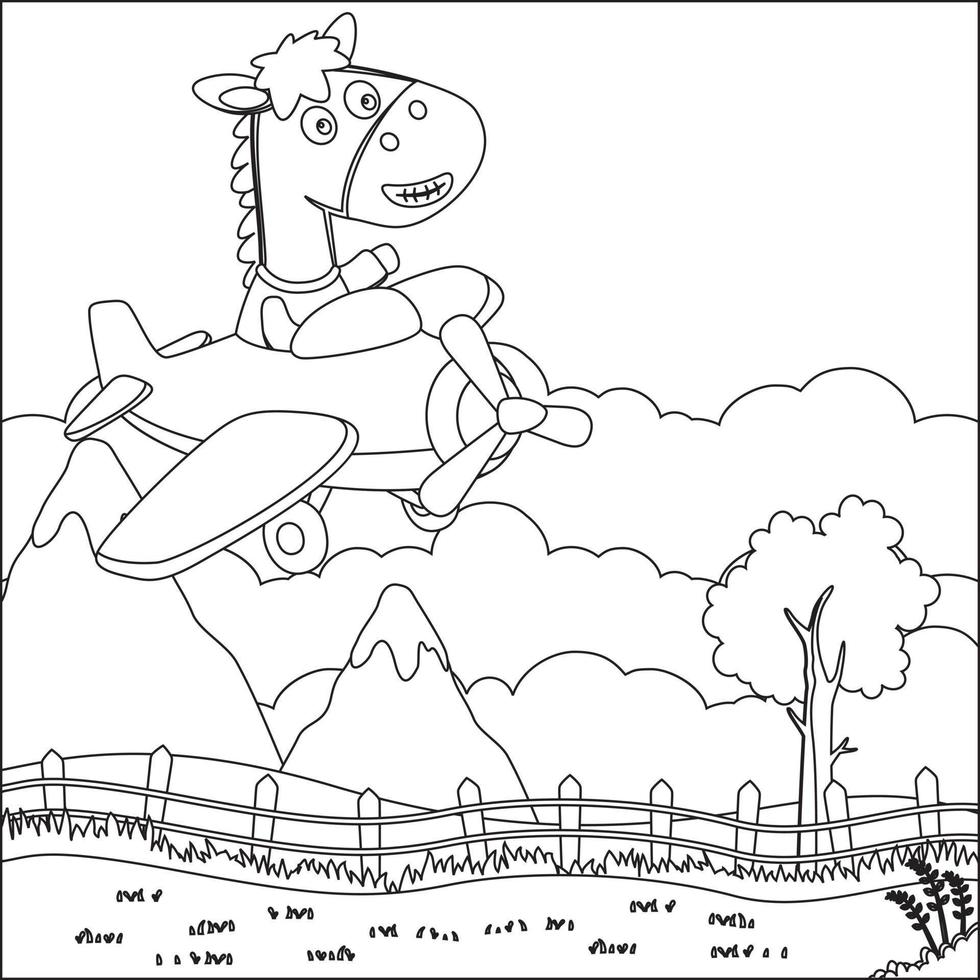dibujos animados ilustración de linda caballo volador en un avión con línea Arte diseño mano dibujo bosquejo vector ilustración para adulto y niños colorante libro.