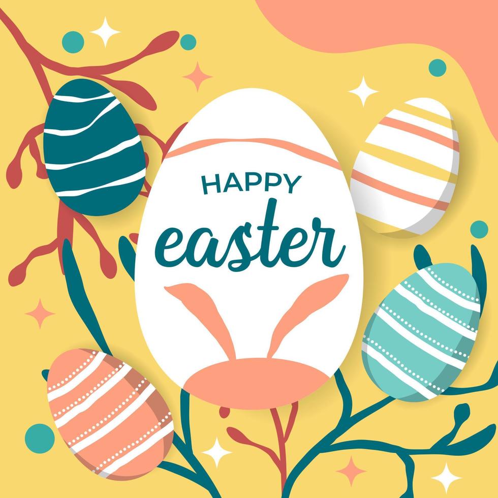 Happy easter with colorful eggs botanical design square background. vector