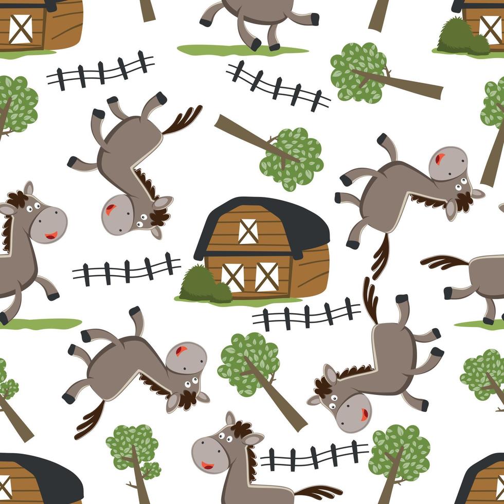 Seamless pattern of Happy horse cartoon in the farm with barn and green field. funny animal cartoon. Creative vector childish background for fabric textile, nursery wallpaper, and other decoration.