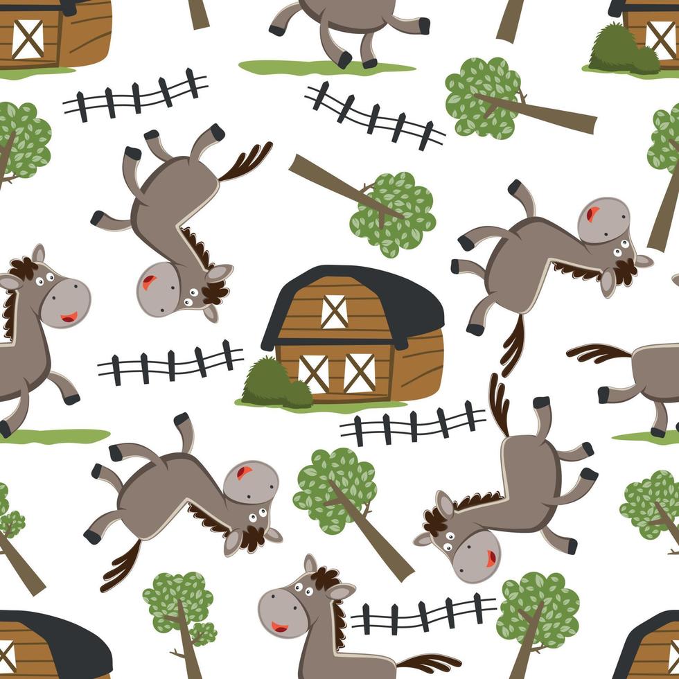 sin costura modelo de contento caballo dibujos animados en el granja con granero y verde campo. gracioso animal dibujos animados. creativo vector infantil antecedentes para tela textil, guardería fondo de pantalla, y otro decoración.