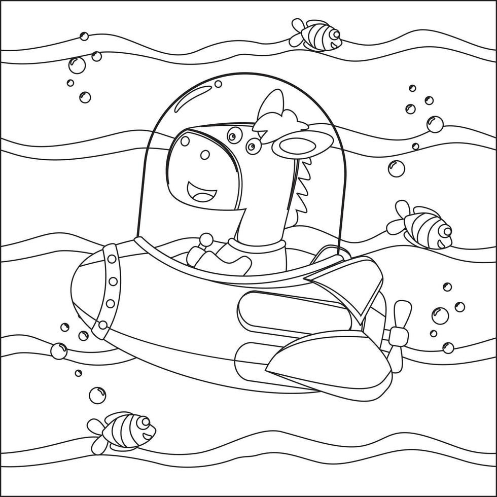 Vector illustration of little horse driving submarine with cartoon style, Childish design for kids activity colouring book or page.