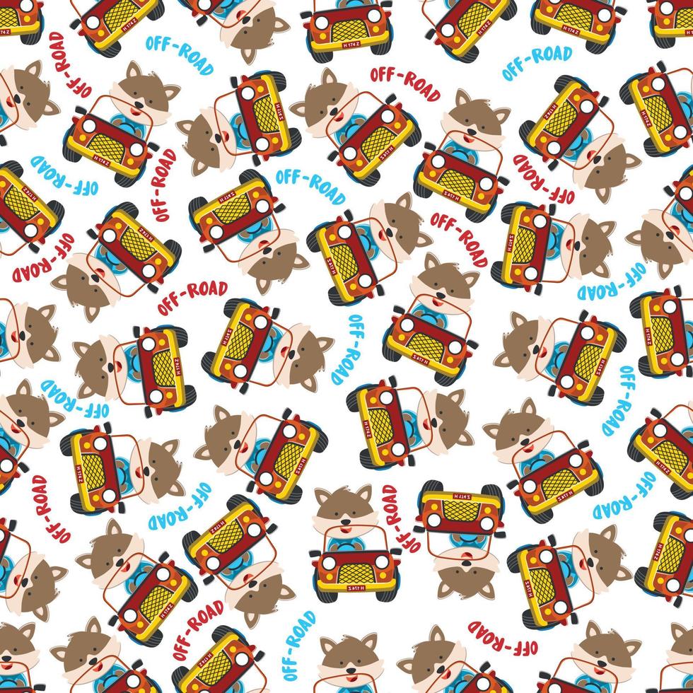 Seamless pattern of funny bear driving car in the road. Creative vector childish background for fabric, textile, nursery wallpaper, poster, card, brochure. and other decoration.