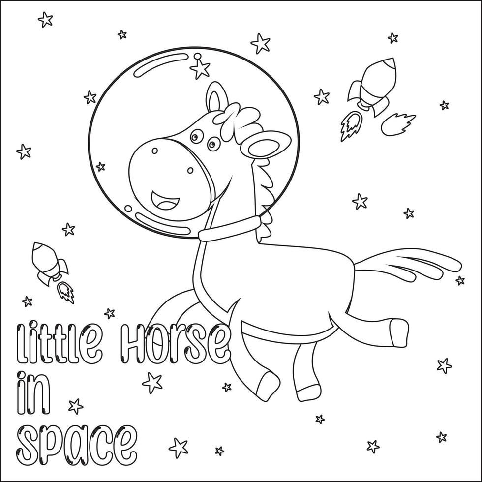 Vector illustration of cute horse Astronaut Floating In Space. Cartoon isolated vector illustration, Creative vector Childish design for kids activity colouring book or page.