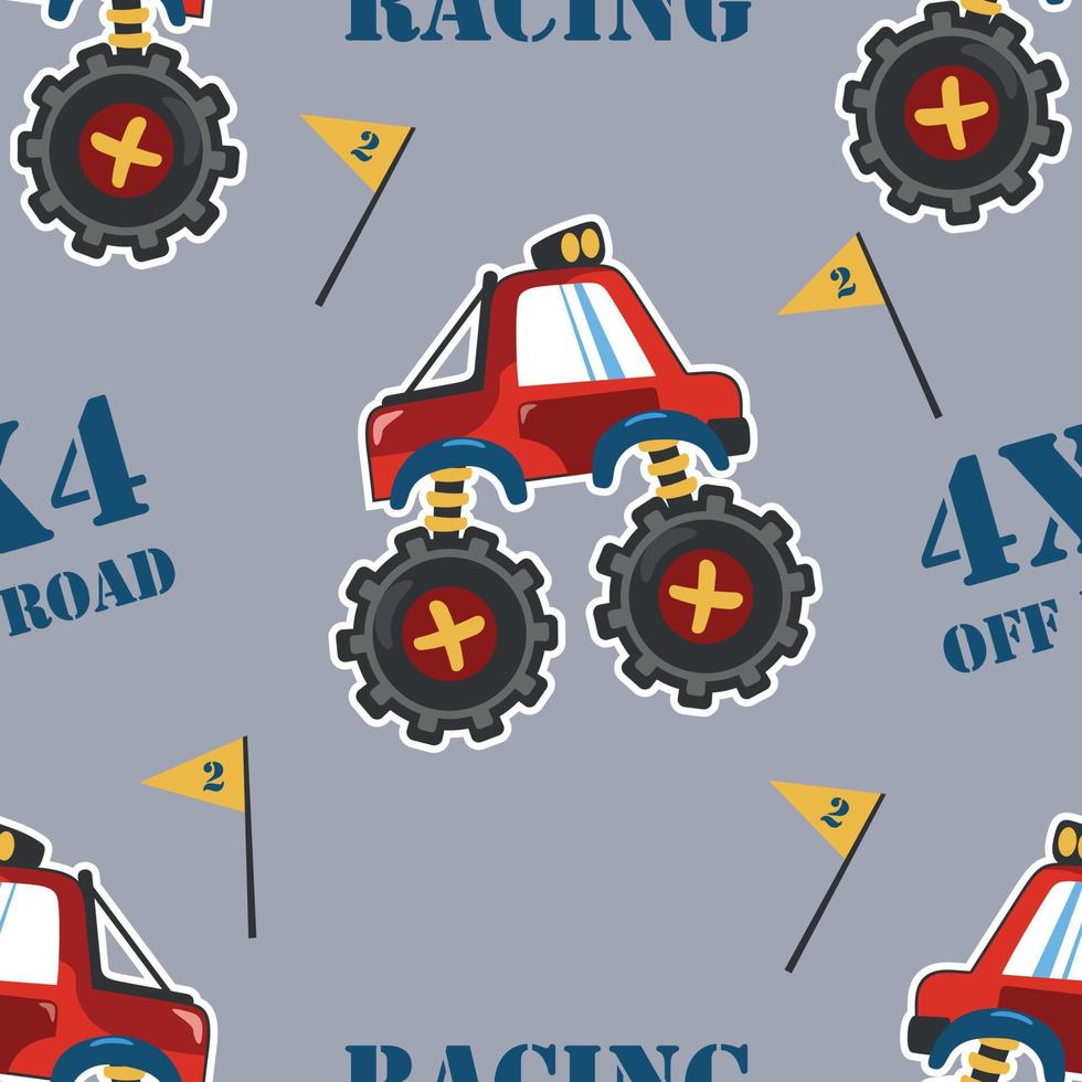 Seamless pattern vector of monster truck with cartoon style. For fabric textile, nursery, baby clothes, background, textile, wrapping paper and other decoration.