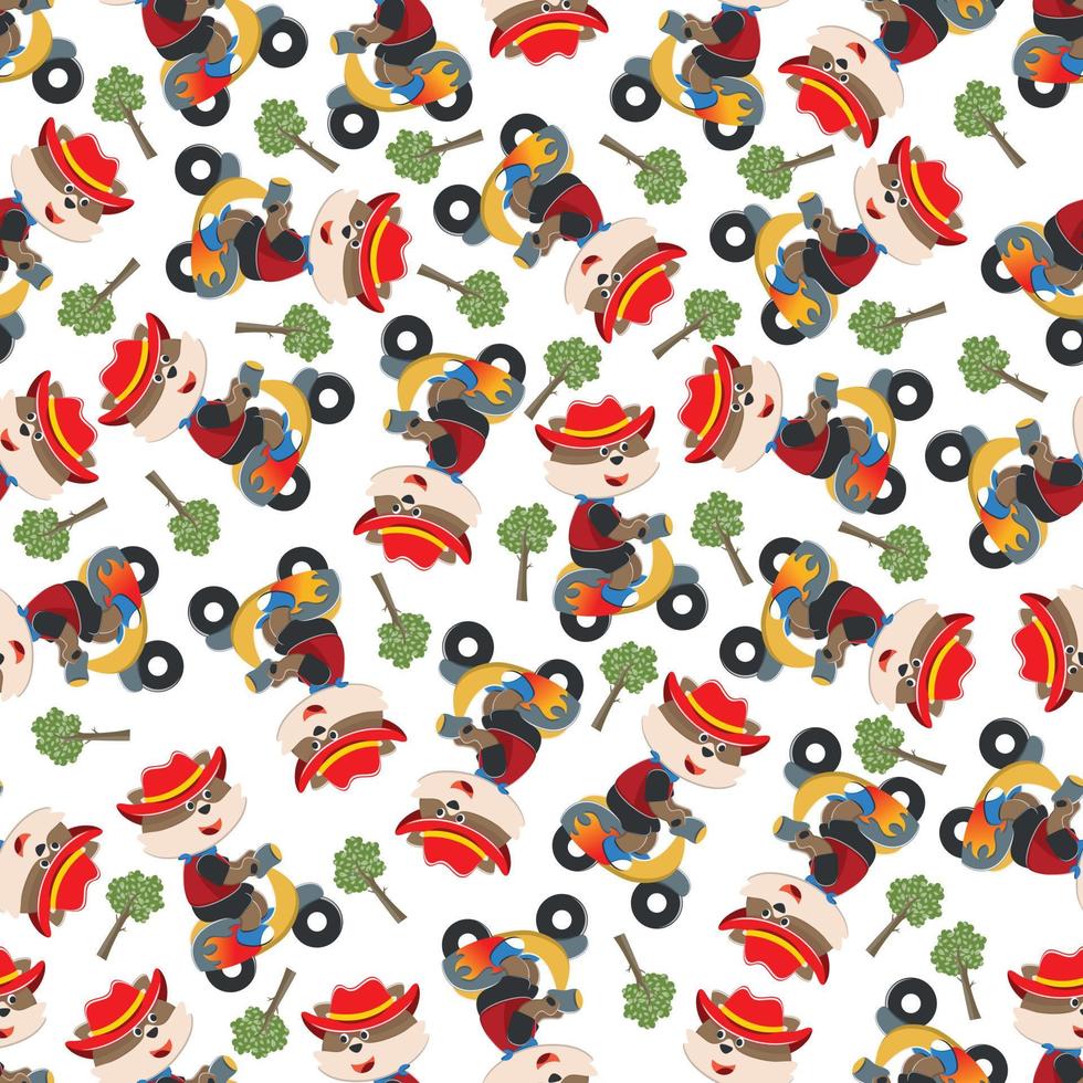 Seamless pattern texture with Cute animal Riding Scooter, Cartoon Vector Illustration. For fabric textile, nursery, baby clothes, background, textile, wrapping paper and other decoration.