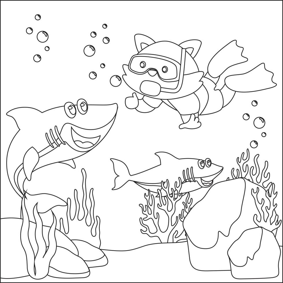 Vector cartoon illustration of little animal diving under sea with cartoon style Childish design for kids activity colouring book or page.