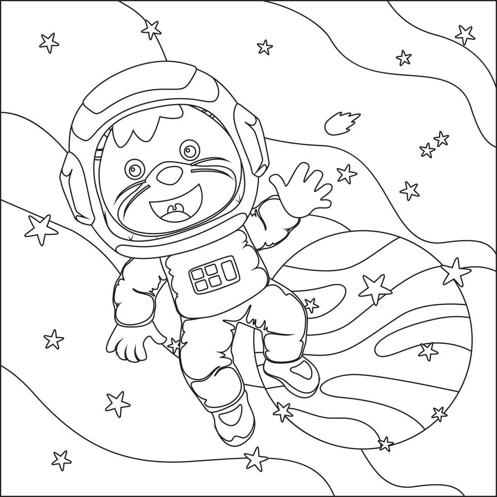 Vector children's coloring book. Cute animal astronaut flies in space. Around the star and planet. Children's coloring book