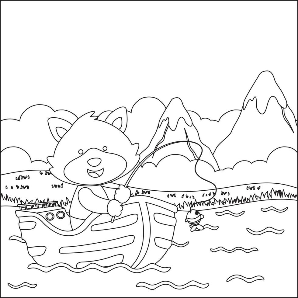 Funny animal  cartoon vector on little boat with cartoon style, Trendy children graphic with Line Art Design Hand Drawing Sketch For Adult And Kids Coloring book or page