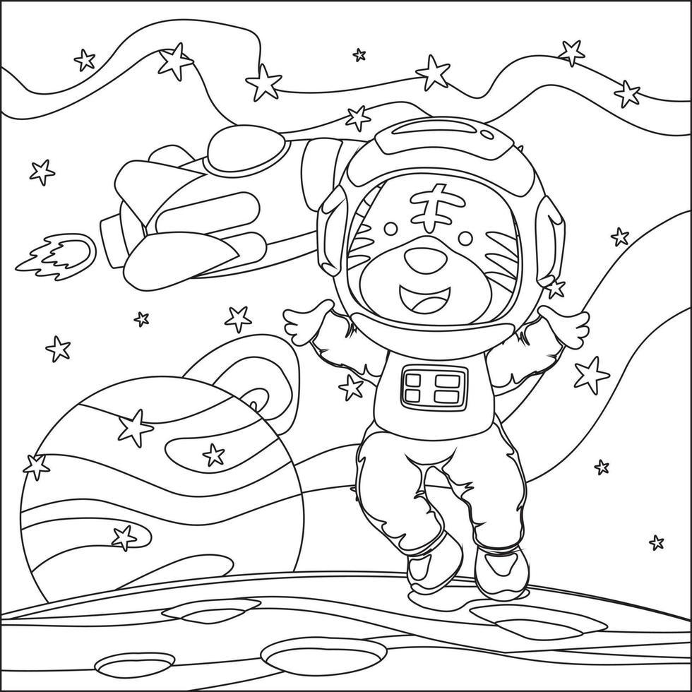 Vector children's coloring book. Cute animal astronaut flies in space. Around the star and planet. Children's coloring book