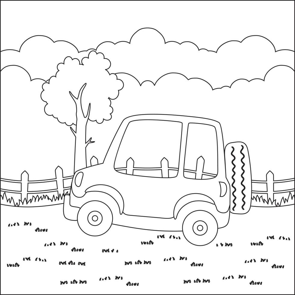 Vector cartoon of funny animal driving car in the junggle. Cartoon isolated vector illustration, Creative vector Childish design for kids activity colouring book or page.