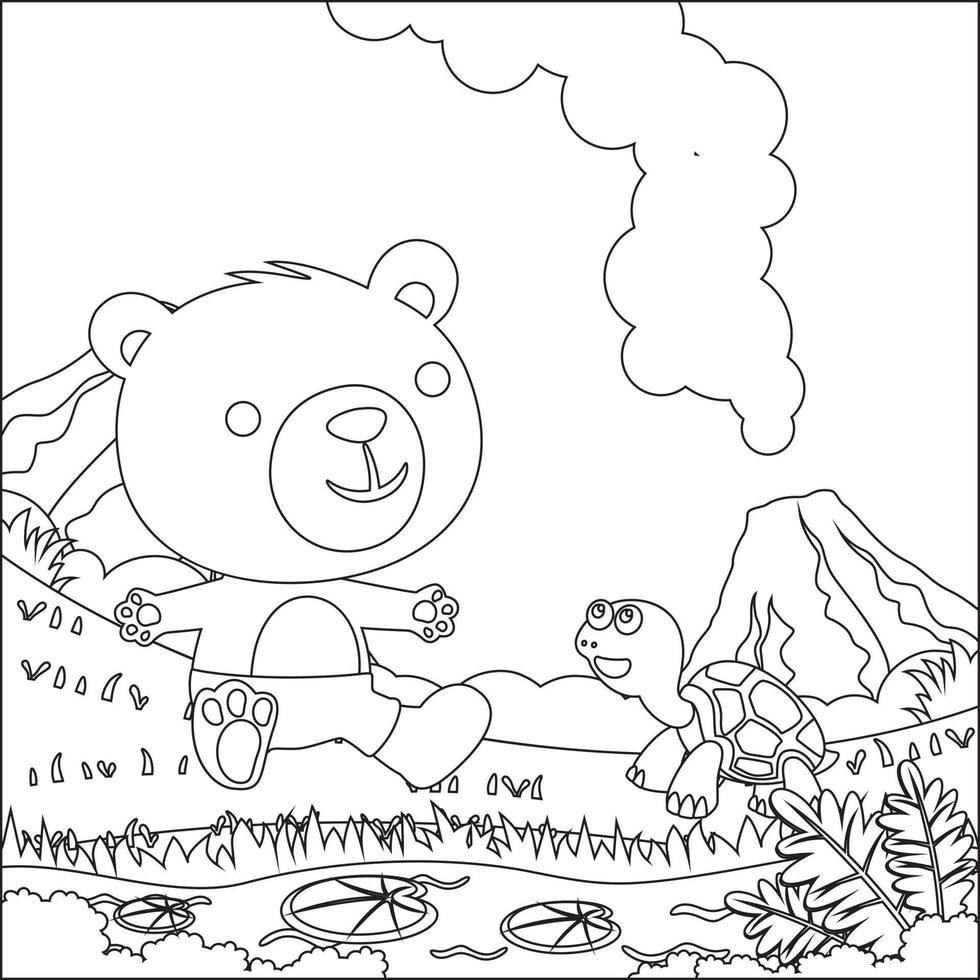 Vector cartoon illustration of cute little animal play over swamp, Childish design for kids activity colouring book or page.