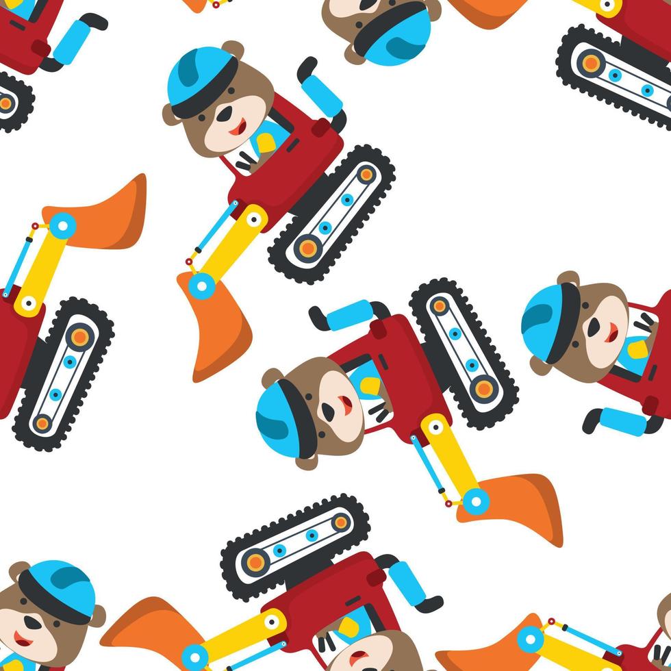 seamless pattern of Cute little animal on a blue excavator. Creative vector childish background for fabric textile, nursery, baby clothes, wrapping paper and other decoration.