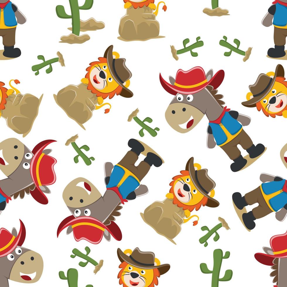 Seamless pattern of Happy horse cartoon in the farm with barn and green field. funny animal cartoon. Creative vector childish background for fabric textile, nursery wallpaper, and other decoration.
