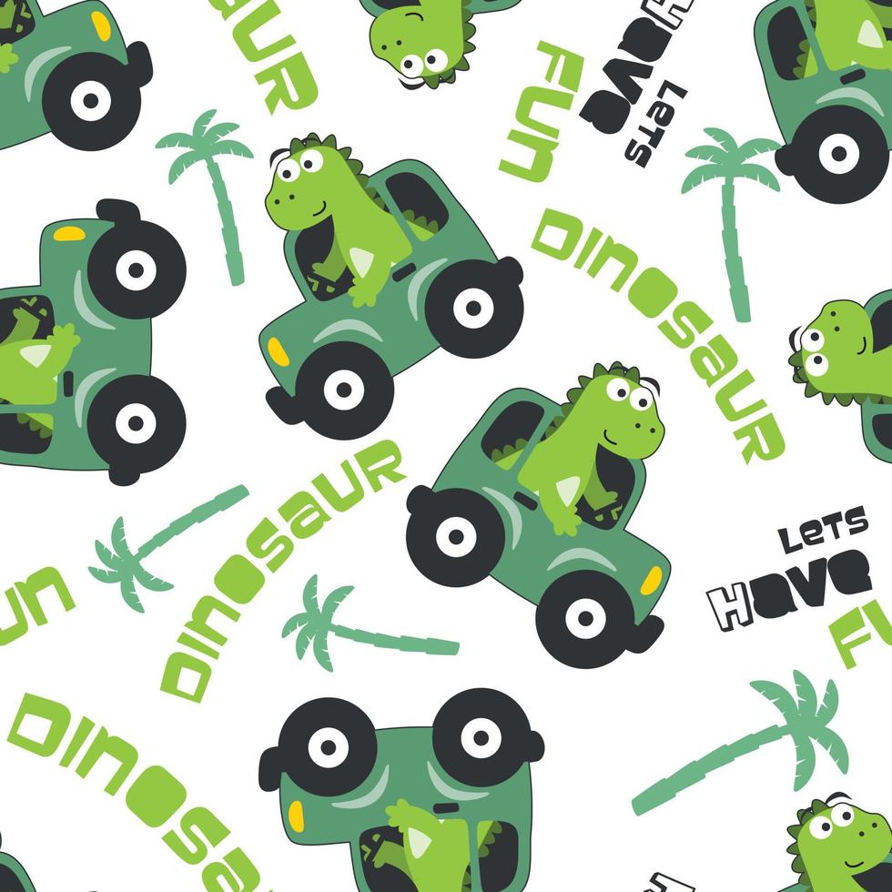 Seamless pattern of cute dinosaur driving a car go to forest vector