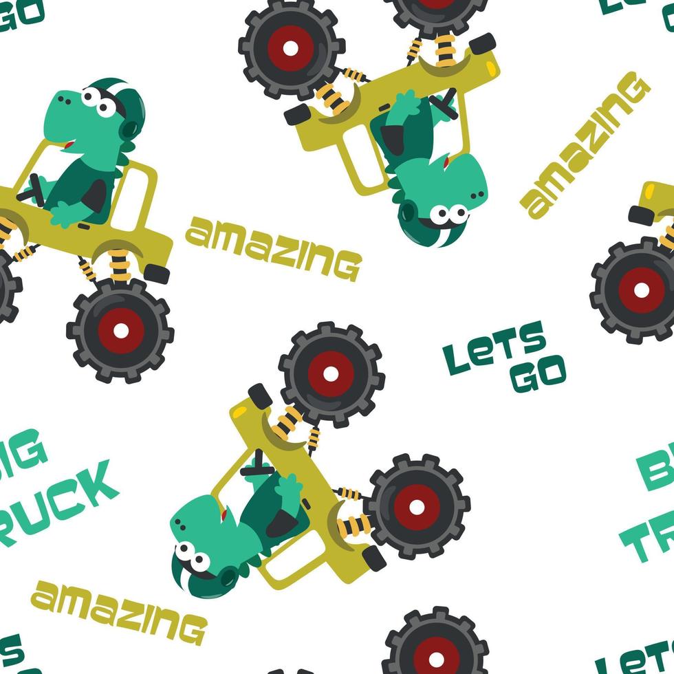 Seamless pattern of dinosaurs riding monster truck with cartoon style. Creative vector childish background for fabric textile, nursery background, baby clothes, wrapping paper and other decoration