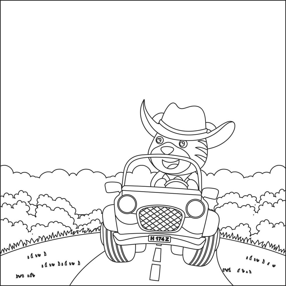 Cute little fox cartoon having fun driving off road car on sunny day. Cartoon isolated vector illustration, Creative vector Childish design for kids activity colouring book or page.