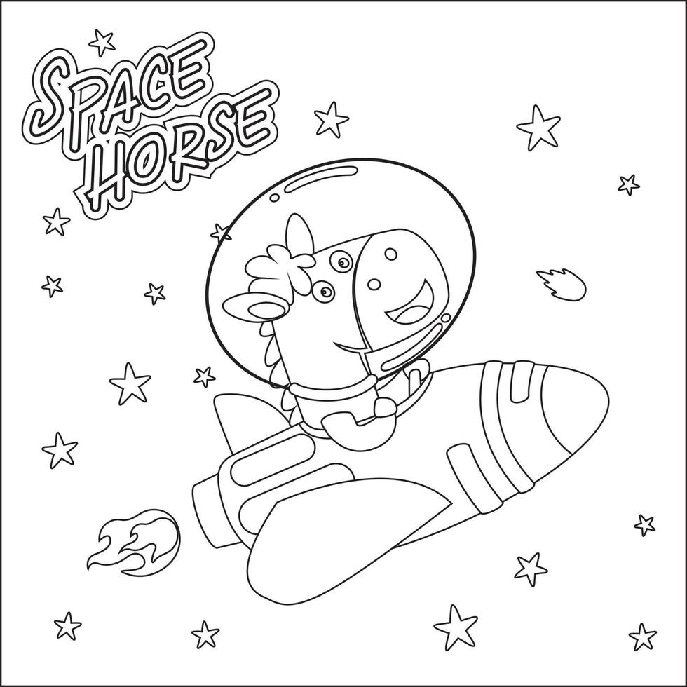 Vector illustration of Cute horse Astronaut Riding Rocket. Cartoon isolated vector illustration, Creative vector Childish design for kids activity colouring book or page.