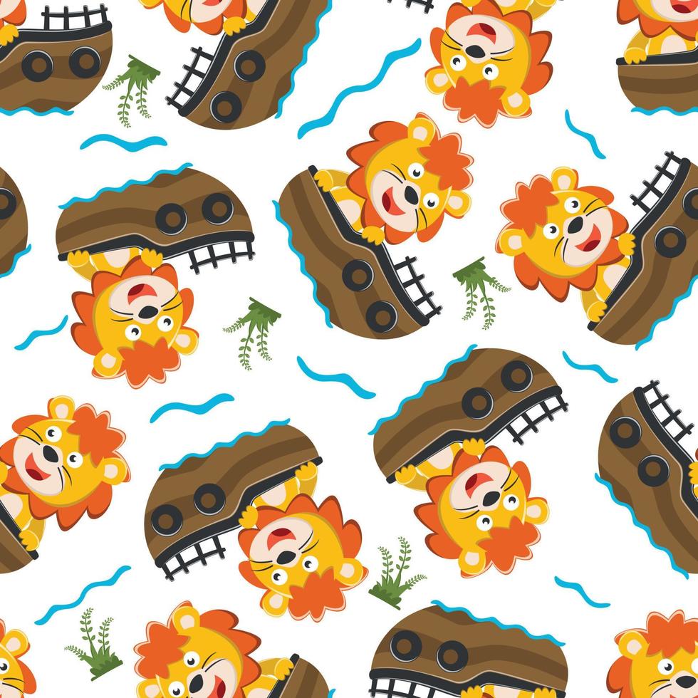 Seamless pattern of funny animal on little boat with cartoon style. Creative vector childish background for fabric, textile, nursery wallpaper, poster, card, brochure. and other decoration.