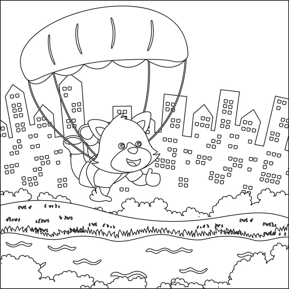 Vector cartoon illustration of skydiving with litlle fox with cartoon style Childish design for kids activity colouring book or page.