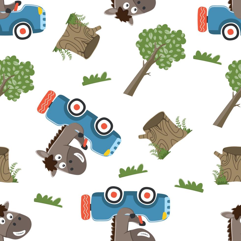 Seamless pattern of cute little horse driving a car go to forest funny animal cartoon,vector illustration. Vector illustration. T-Shirt Design for children. Design elements for kids.