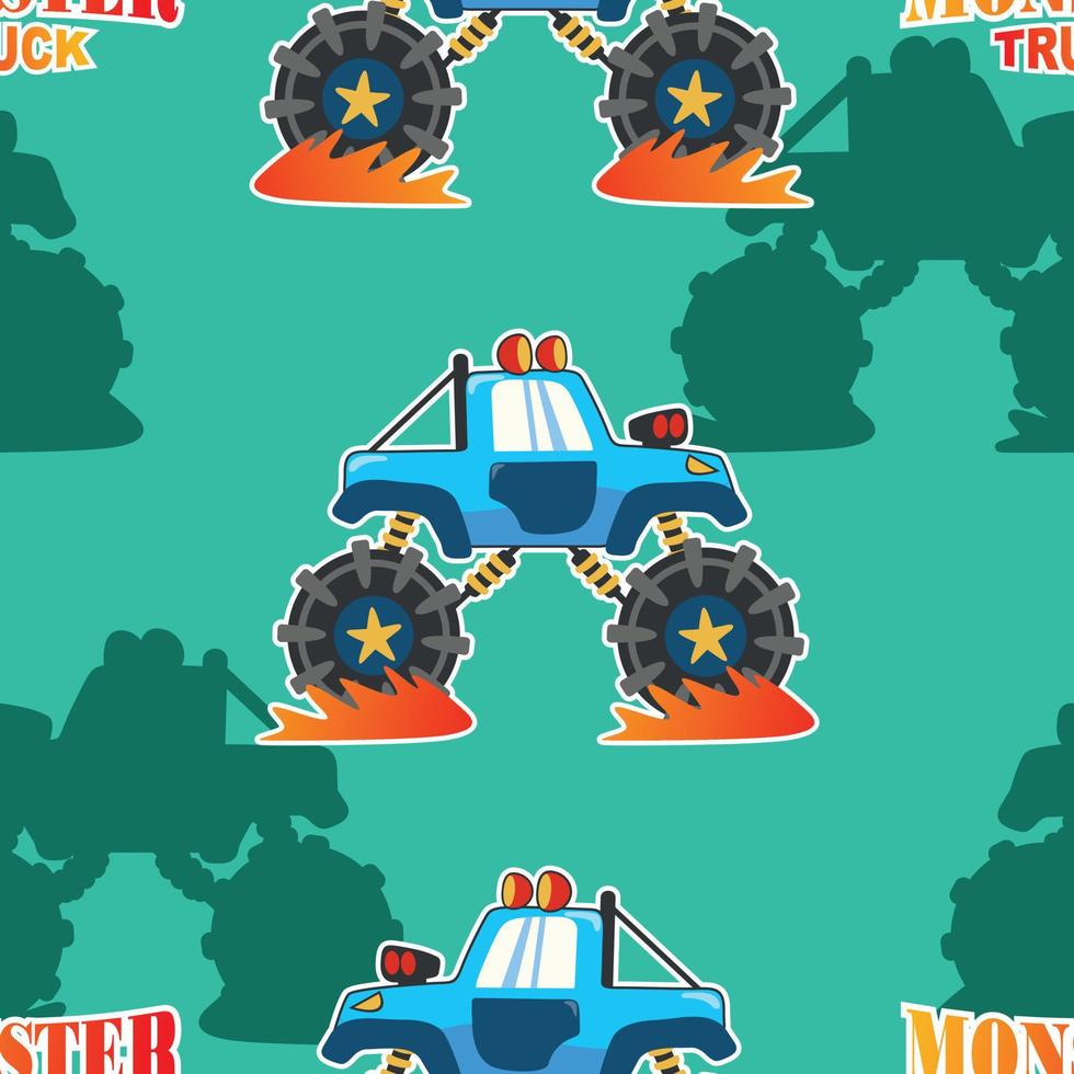 Seamless pattern vector of monster truck with cartoon style. For fabric textile, nursery, baby clothes, background, textile, wrapping paper and other decoration.