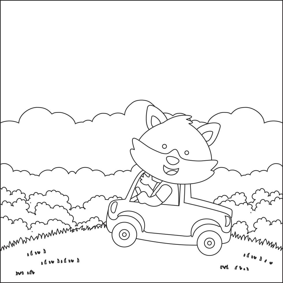 Cute little animal driving a car go to forest funny animal cartoon,  Trendy children graphic with Line Art Design Hand Drawing Sketch Vector illustration For Adult And Kids Coloring Book.