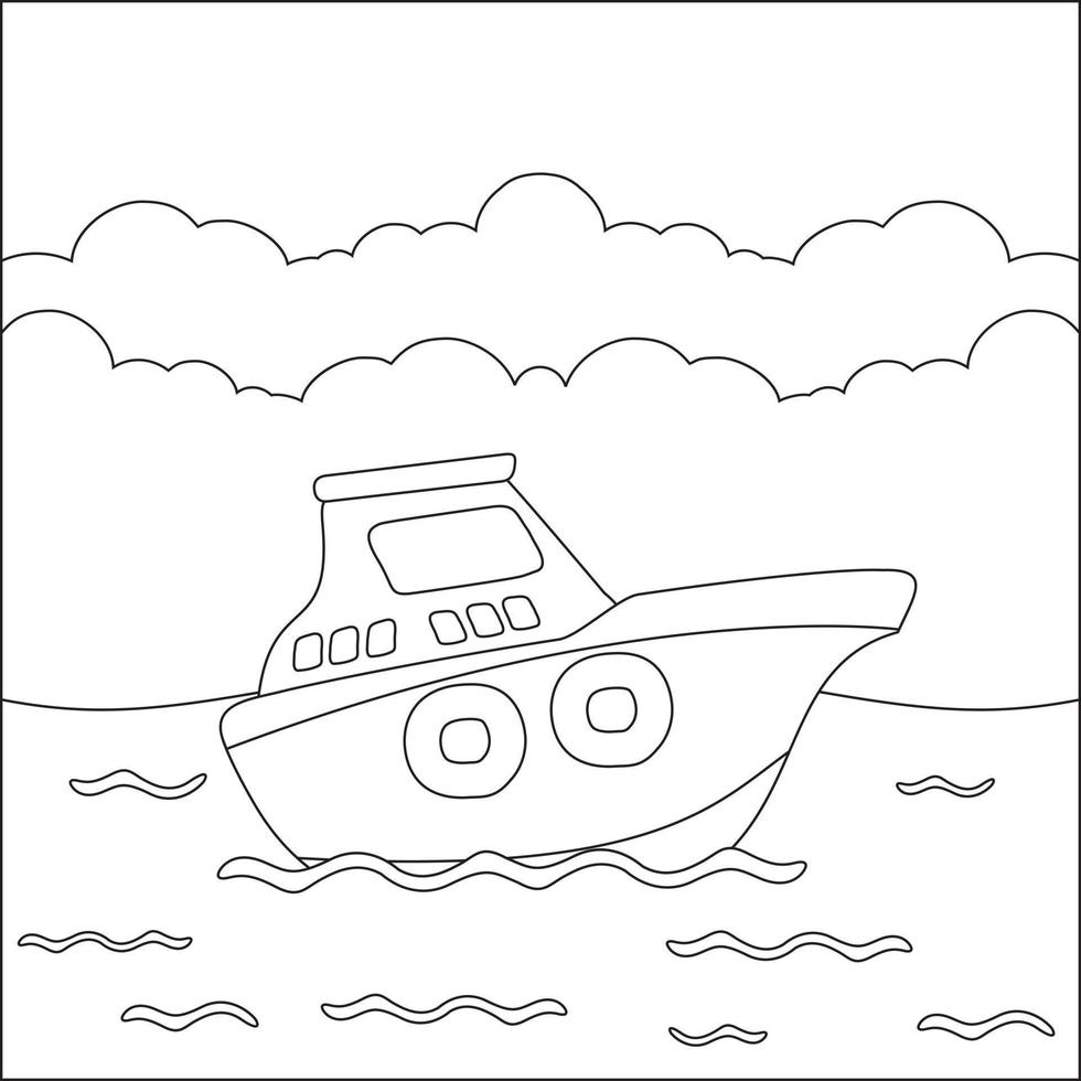 Funny vector little boat with cartoon style, Trendy children graphic with Line Art Design Hand Drawing Sketch For Adult And Kids Coloring book or page