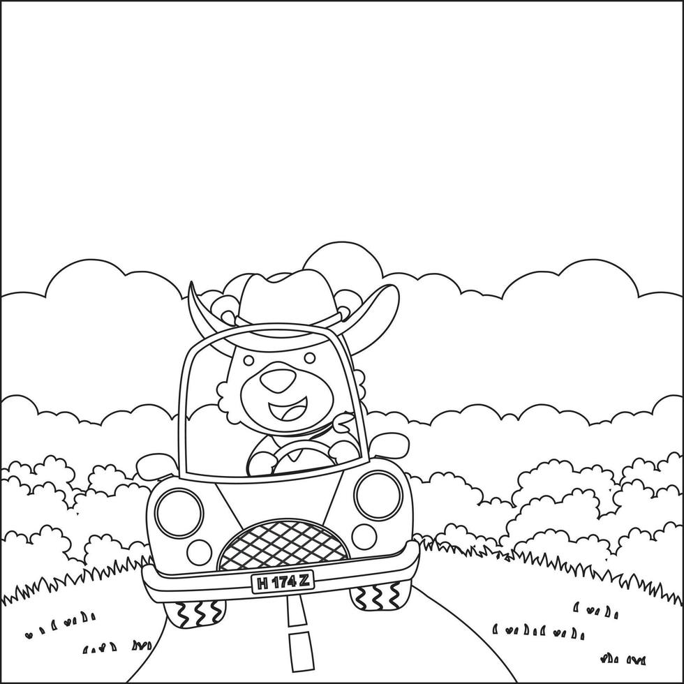 Cute little animal driving a car go to forest funny animal cartoon,  Trendy children graphic with Line Art Design Hand Drawing Sketch Vector illustration For Adult And Kids Coloring Book.