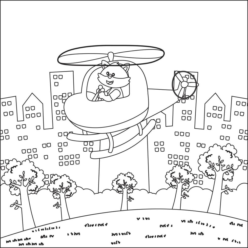 Creative vector childish Illustration of a cute little animal on a helicopter. Childish design for kids activity colouring book or page.