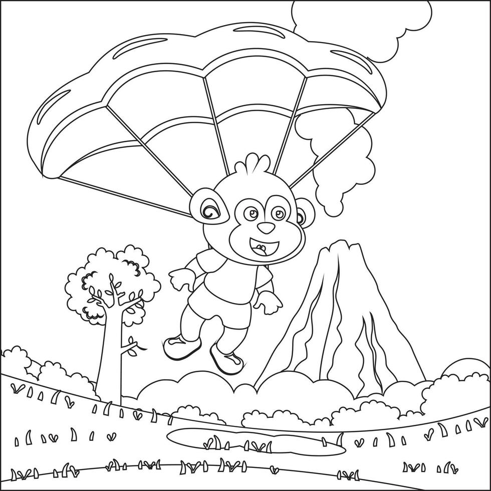 Vector cartoon illustration of skydiving with litlle animal  with cartoon style Childish design for kids activity colouring book or page.