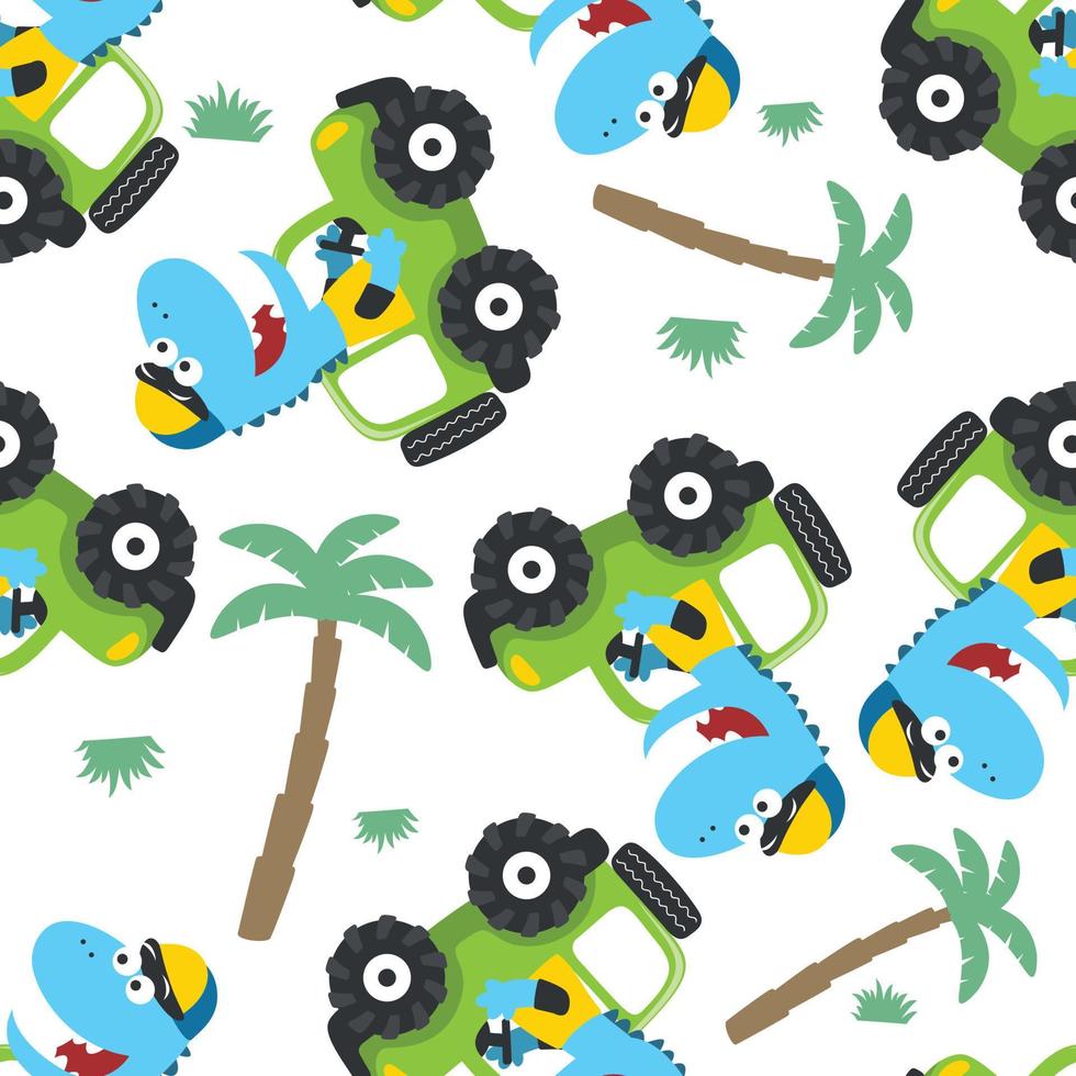Seamless pattern of cute dinosaur driving a car go to forest vector