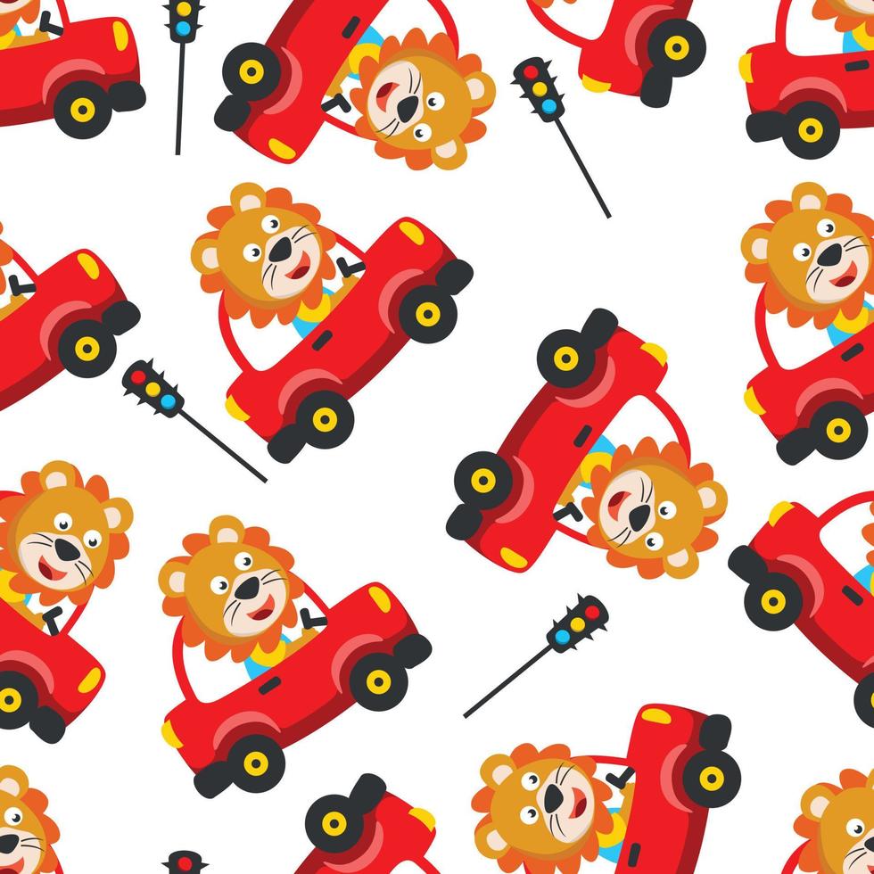 Seamless pattern of funny bear driving car in the road. Creative vector childish background for fabric, textile, nursery wallpaper, poster, card, brochure. and other decoration.