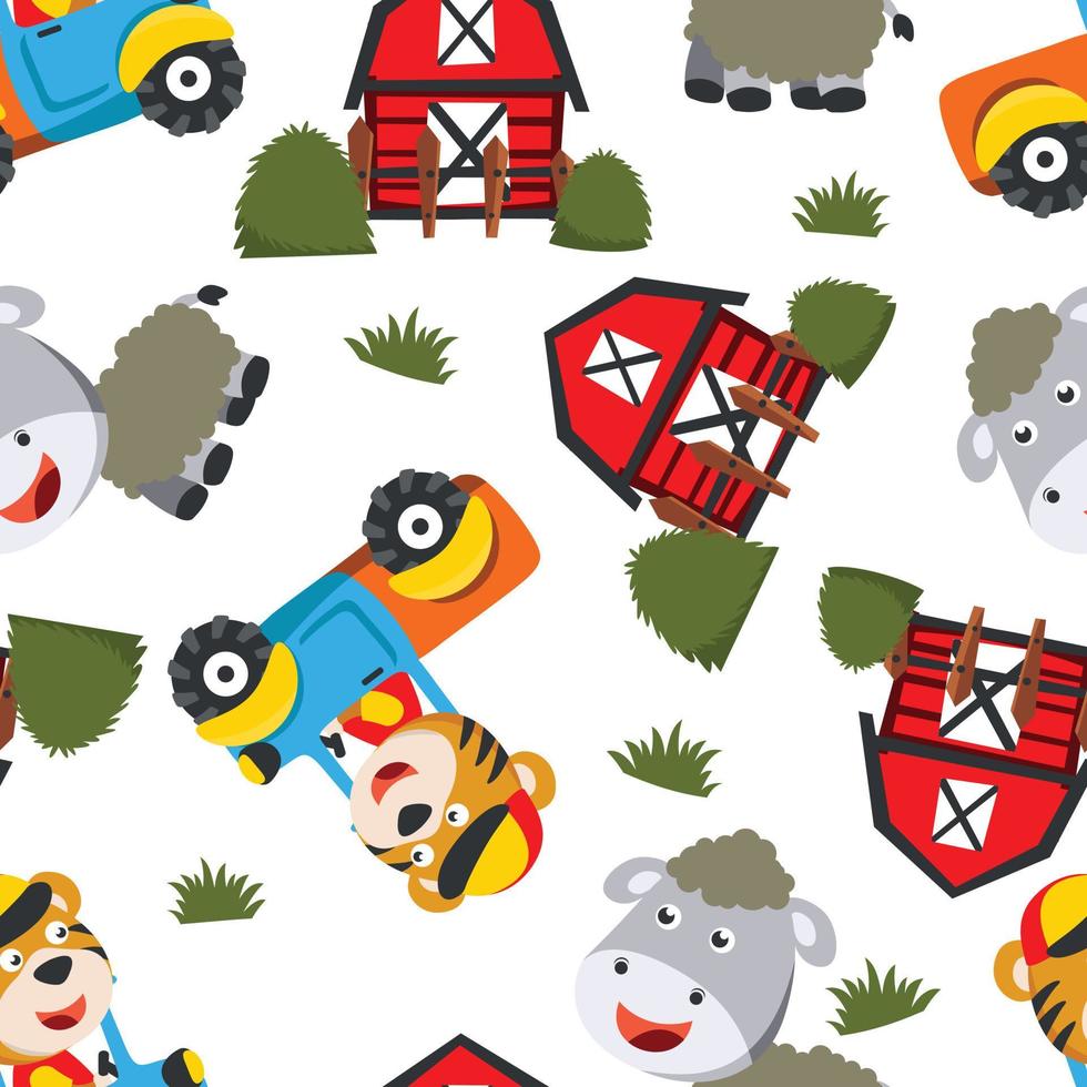 Seamless pattern of funny bear driving car in the road. Creative vector childish background for fabric, textile, nursery wallpaper, poster, card, brochure. and other decoration.