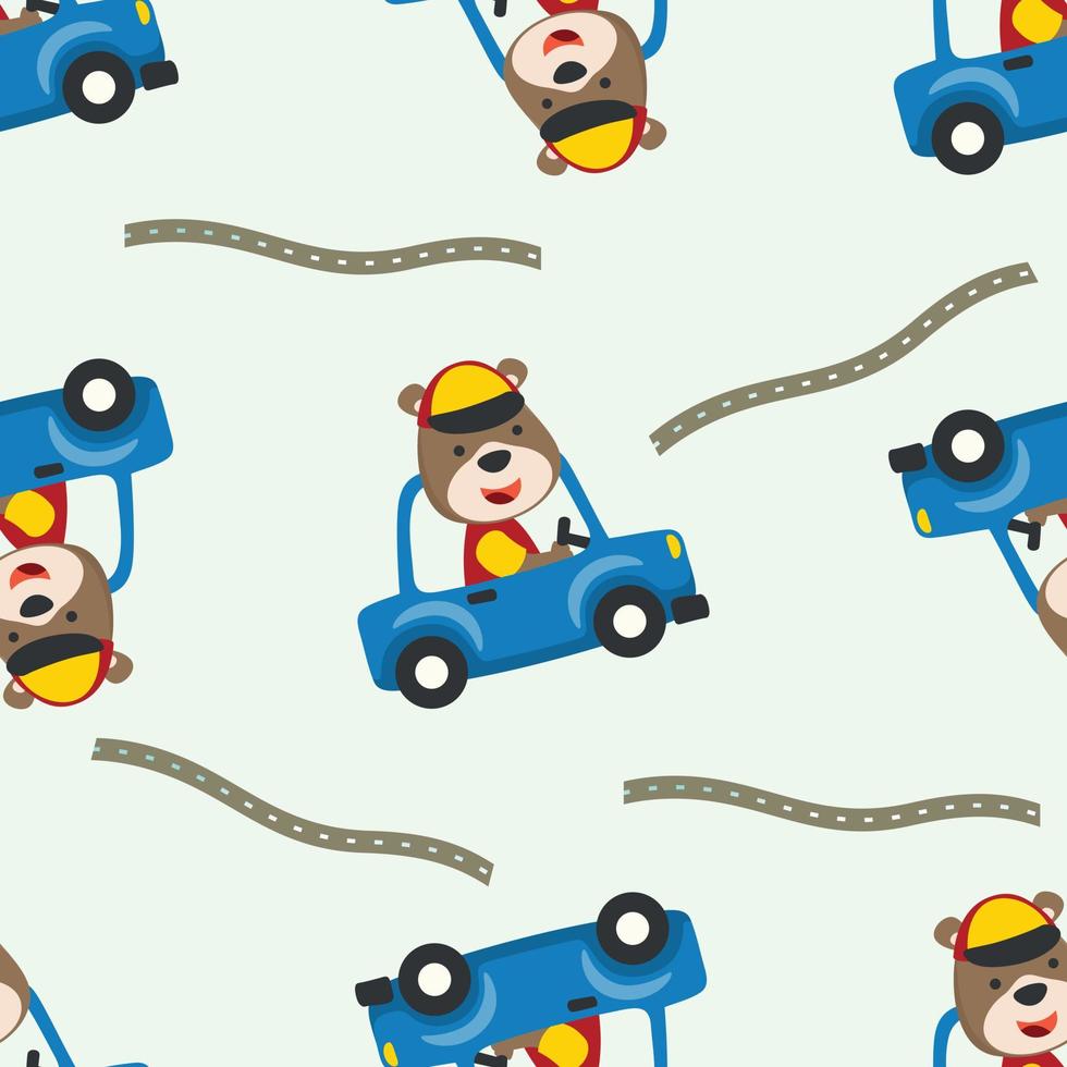 Seamless pattern of cute little animal driving a car go to forest funny animal cartoon,vector illustration. Vector illustration. T-Shirt Design for children. Design elements for kids.