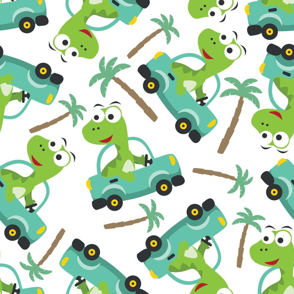 Seamless pattern of cute dinosaur driving a car go to forest vector