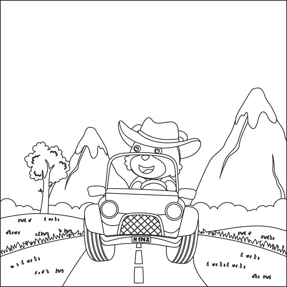 Cute little fox cartoon having fun driving off road car on sunny day. Cartoon isolated vector illustration, Creative vector Childish design for kids activity colouring book or page.